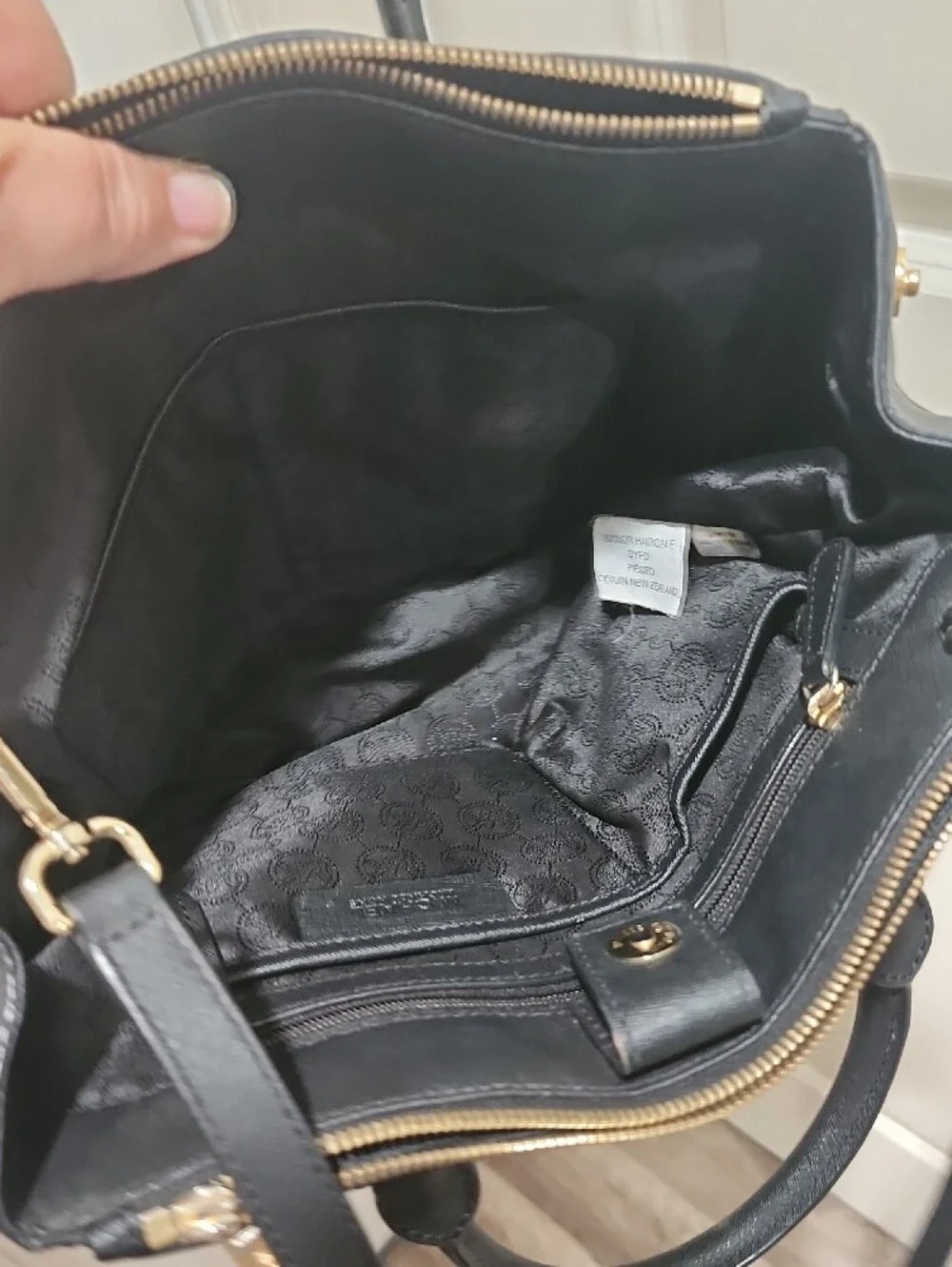 Michael Kors Black Leather Satchel with Yellow and Brown Camo Panel